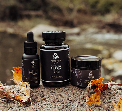 Photo of three bottles of Phsyicians Choice CBD products